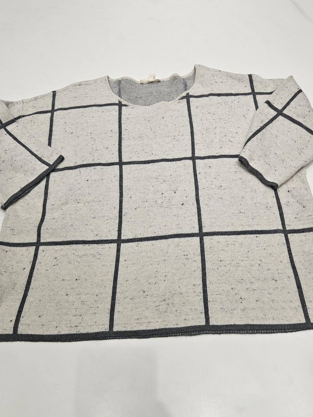 Eileen Fisher Cream Crewneck Sweater with Black Grid